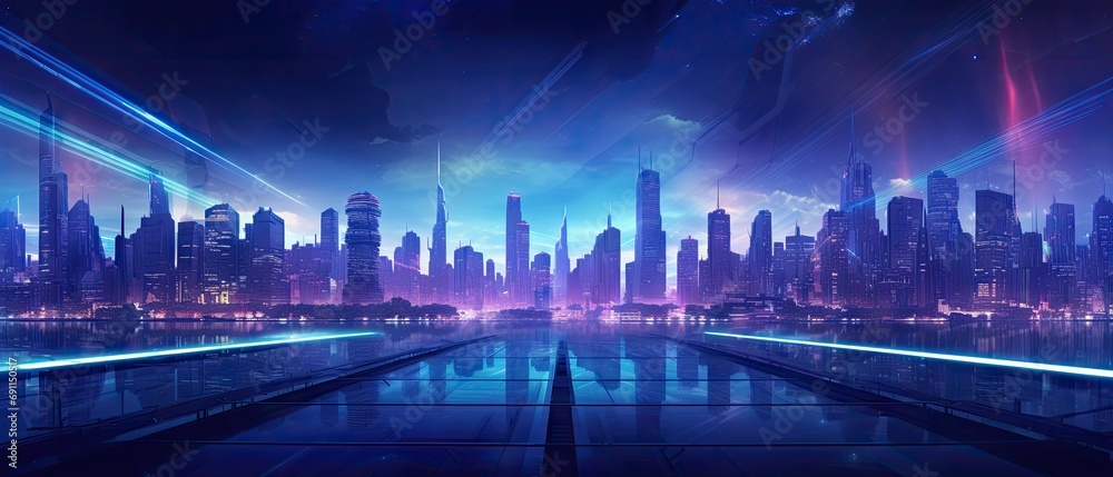 Futuristic urban landscape at night with neon lights and holographic displays
