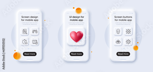 Quick tips, Ethics and Account line icons pack. 3d phone mockups with heart. Glass smartphone screen. Web3, Analytics graph, Timer web icon. Face biometrics, Social distancing pictogram. Vector