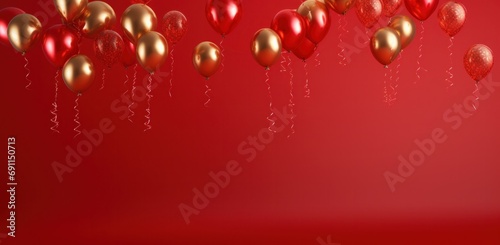 red glitter balloons floating over a red background