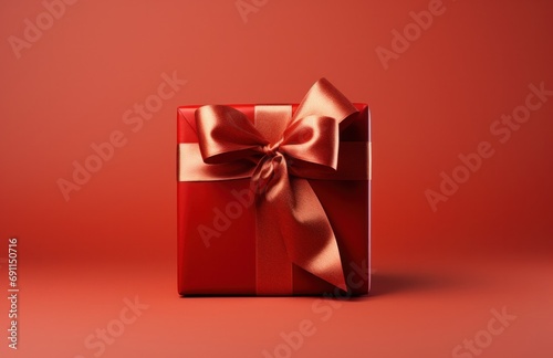 red gift wrap with brown bow on a red background © olegganko