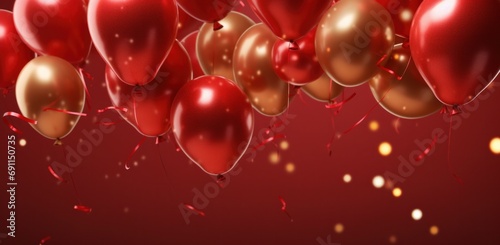 red glitter balloons floating over a red background