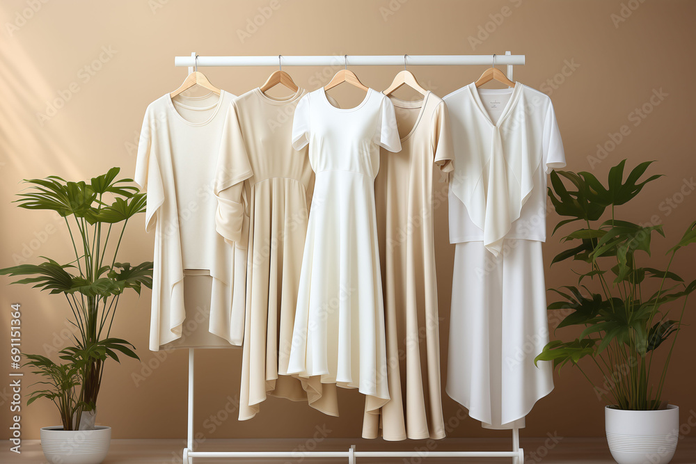 A rack with stylish clothes cream colors next to a wall in the boutique room. Clothing fashion concept. Advertise, sale, fashion. A rack with stylish clothes cream colors next to a wall in the boutique room. Clothing fashion concept. Advertise, sale, fashion.