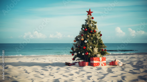 Tropical Traditions: Wonderful Christmas Tree and Presents Delightfully Placed on the Beach