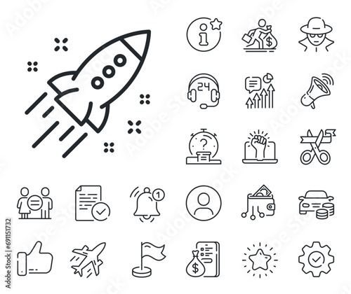 Launch Project sign. Salaryman, gender equality and alert bell outline icons. Startup rocket line icon. Innovation symbol. Startup rocket line sign. Spy or profile placeholder icon. Vector