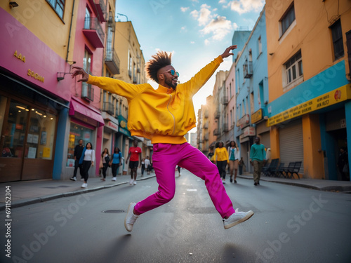 Fotografía exterior de bailarín de danza urbana vertido con colores vibrantes celebrando en la calle mientras salta photo