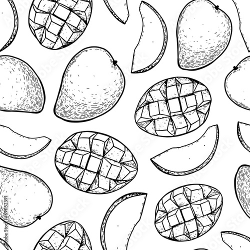 Ripe mango seamless pattern. Hand drawn vector illustration. Tropical fruit. Packaging design, menu design, juice packaging. Mango background.