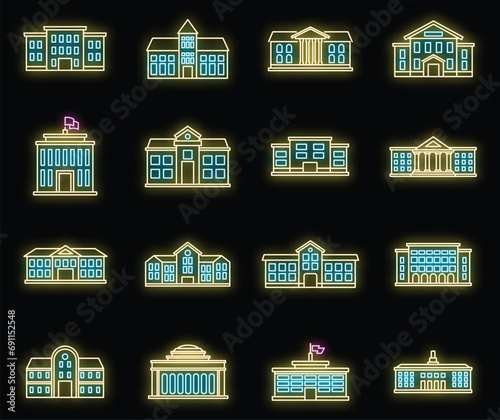 University campus icons set. Outline set of university campus vector icons neon color on black photo