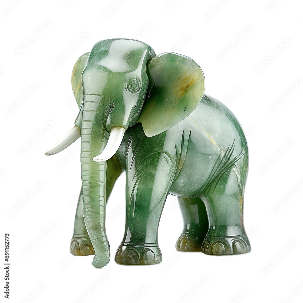 a sculpted Jade elephant, with ivory tusks and 3/4 view in a PNG