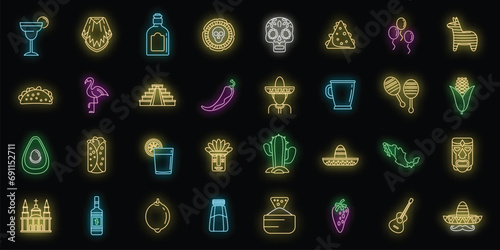 Mexico fiesta icons set. Outline set of Mexico fiesta vector icons neon color on black photo