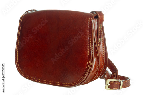 Women's leather bag with shoulder strap made of soft buffalo leather in red color, isolated on white background