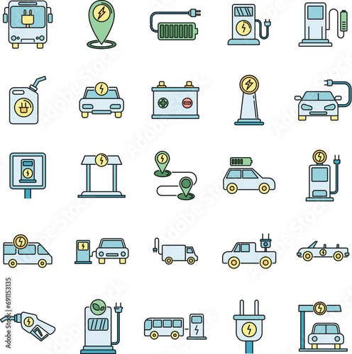 Electrical refueling car icons set. Outline set of electrical refueling car vector icons thin line color flat on white