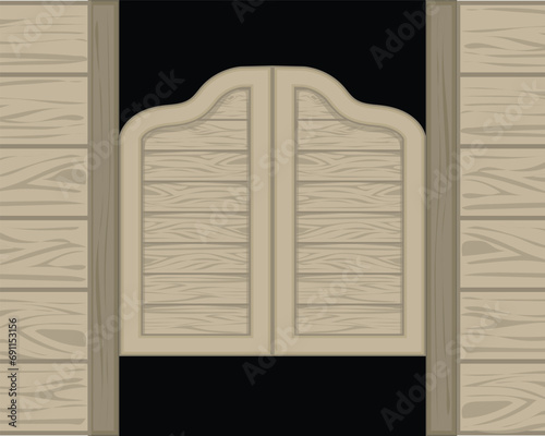 design of two small doors made of wood and walls made of wooden planks which were commonly found in the 17th century in the west in drinking places or bars by cowboys
