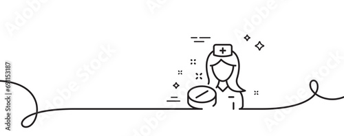 Nurse line icon. Continuous one line with curl. Medicine drugs sign. Pharmacy medication symbol. Nurse single outline ribbon. Loop curve pattern. Vector