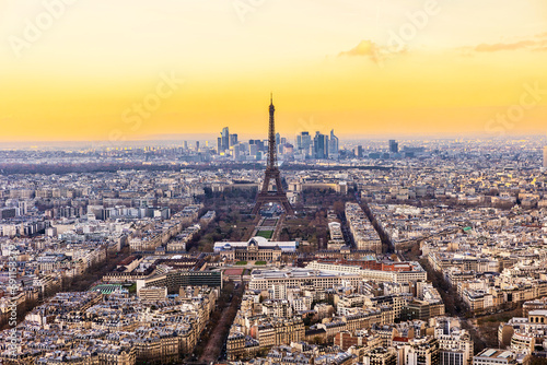Aerial sunset view of Paris with Eiffel tower from Montparnasse Tower  France.