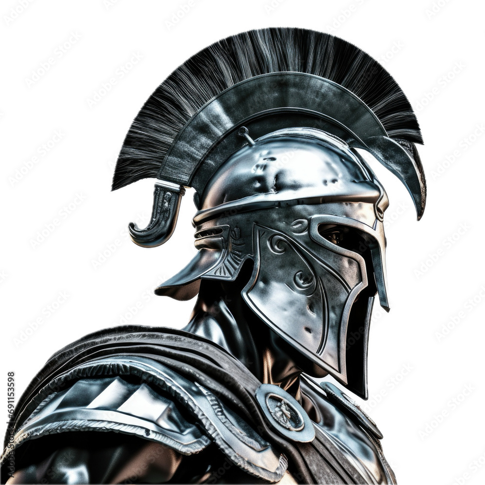 a Spartan/Greek soldier wearing a War helmet, side view in a PNG, in an antique armor-themed, isolated, and transparent photorealistic illustration. Generative ai a Spartan/Greek soldier wearing a War helmet, side view in a PNG, in an antique armor-themed, isolated, and transparent photorealistic illustration. Generative ai