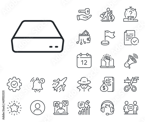 Small computer device sign. Salaryman, gender equality and alert bell outline icons. Mini pc line icon. Mini pc line sign. Spy or profile placeholder icon. Online support, strike. Vector