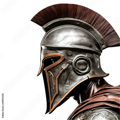 a Spartan/Greek soldier wearing a War helmet, side view in a PNG, in an antique armor-themed, isolated, and transparent photorealistic illustration. Generative ai