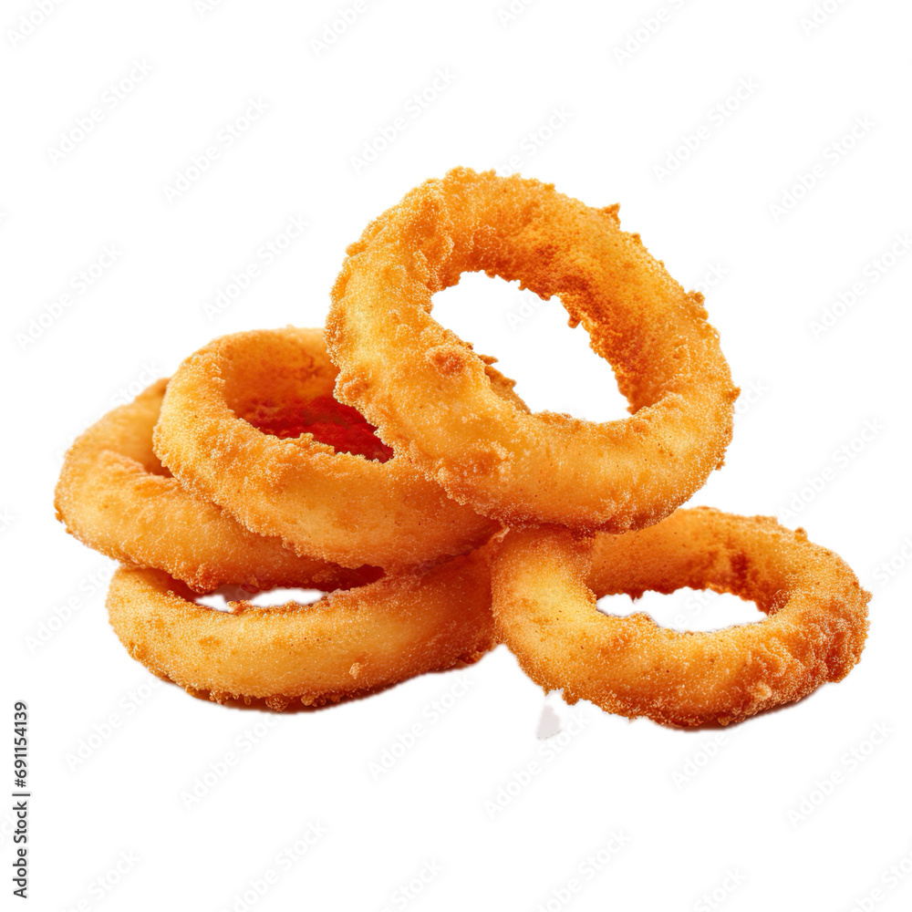 fried Onion rings, side view, in an isolated and transparent PNG in a comfort food-themed, photorealistic illustration. Generative ai fried Onion rings, side view, in an isolated and transparent PNG in a comfort food-themed, photorealistic illustration. Generative ai