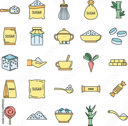 Sugar cane icons set. Outline set of sugar cane vector icons thin line color flat on white