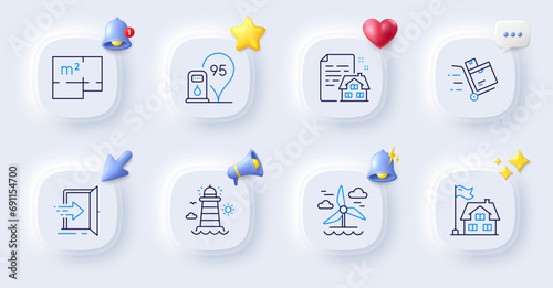 Windmill, Lighthouse and Floor plan line icons. Buttons with 3d bell, chat speech, cursor. Pack of Entrance, Lease contract, Inventory cart icon. Petrol station, Building pictogram. Vector