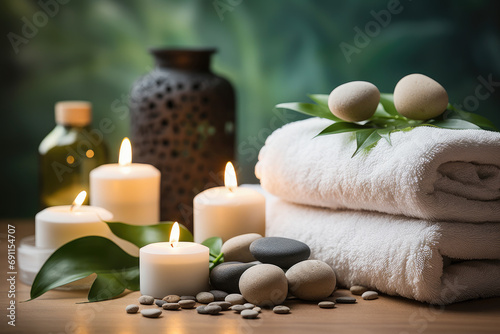 Tranquil spa setting with towels rolled up, candles and smooth river stones.
