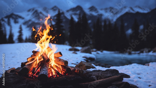 campfire with snow mountain background photo