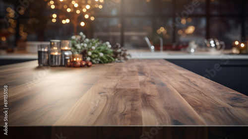Kitchen wooden worktop with modern kitchen in blurry bokeh background. Wooden table interior design. Luxury kitchen photo
