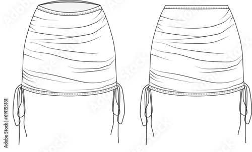 gathered drawstring elastic short mini skirt template technical drawing flat sketch cad mockup design fashion woman
