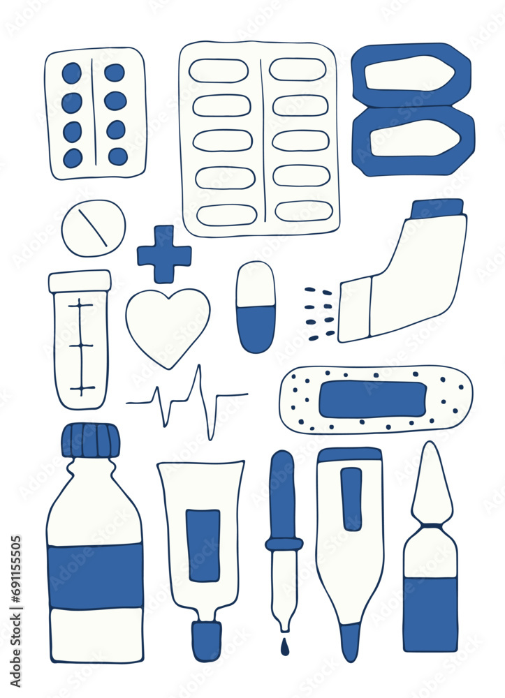 Obraz premium Collection of medical tools isolated on white background. Doodle. All items are separated. Vector illustration