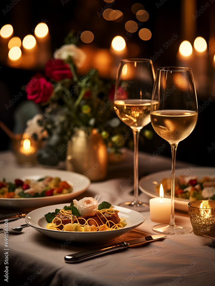 Romantic dinner table with two glasses of wine and food, blurry lights background and candle light