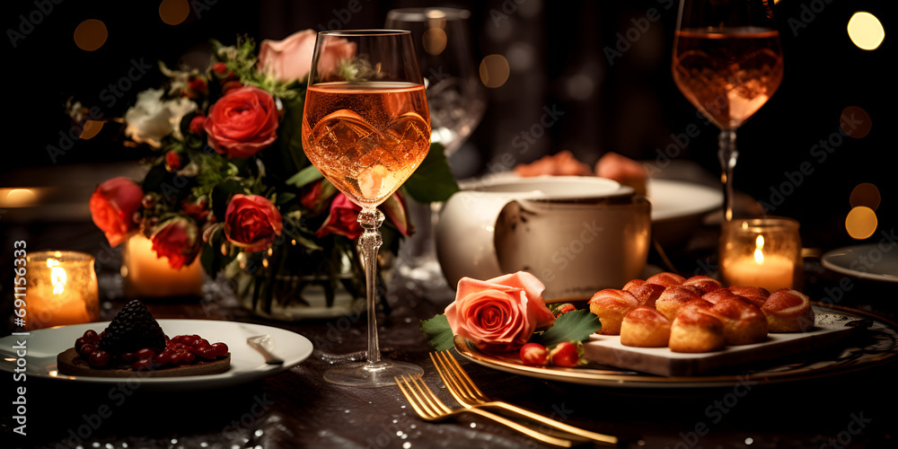 Romantic dinner table with wine glass and food, blurry lights background and candle light Romantic dinner table with wine glass and food, blurry lights background and candle light