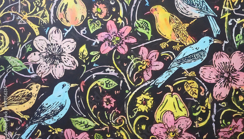 Pattern of flowers, birds and pears on a black background