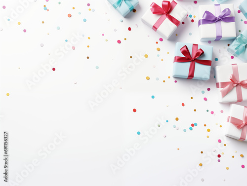 Colorful Christmas or birthday presents. Birthday card concept. Copy Space.