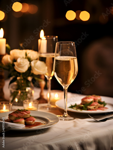 Romantic dinner table with two glasses of champagne and food, blurry lights background and candle light