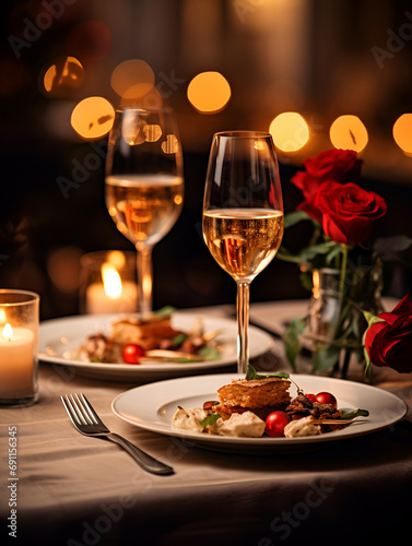 Romantic dinner table with two glasses of champagne and food, blurry lights background and candle light