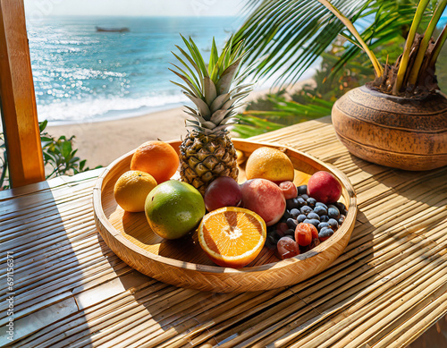 Bamboo plate with tropical fruits against the ocean background