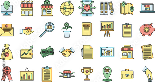 Franchise store icons set. Outline set of franchise store vector icons thin line color flat on white