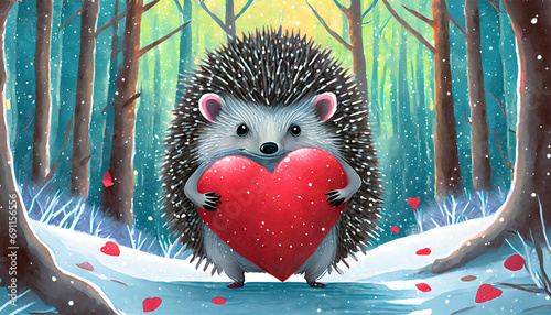 Cute hedgehog holding a heart against the background of the forest