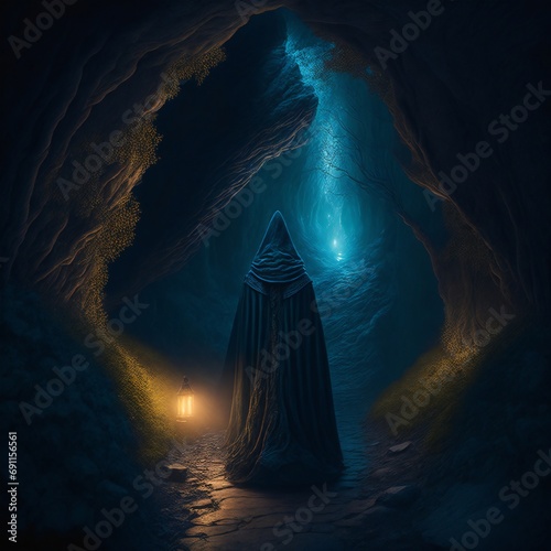 A cloaked figure stands at the entrance of a dark, foreboding cave, their path illuminated by flickering torchlight. Their cloak bears intricate Celtic knotwork, digital art style, illustration painti