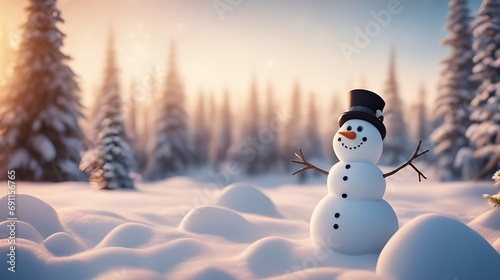 Winter holiday christmas background - a cute funny laughing snowman with hat on snowscape forest illuminated by the sun. © JuLady_studio