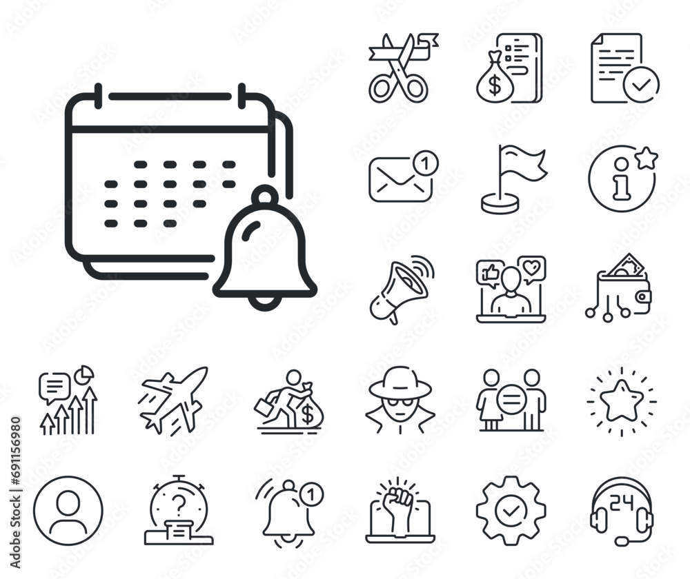 Calendar sign. Salaryman, gender equality and alert bell outline icons. Notification bell line icon. Event reminder symbol. Notification line sign. Spy or profile placeholder icon. Vector Calendar sign. Salaryman, gender equality and alert bell outline icons. Notification bell line icon. Event reminder symbol. Notification line sign. Spy or profile placeholder icon. Vector