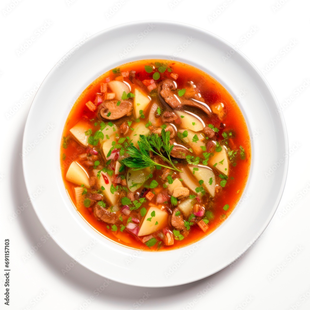 Bowl of meat soup on white background, top view. Bowl of meat soup on white background, top view.