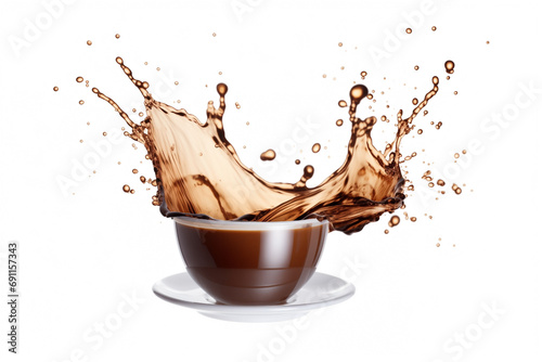 splashes with drops of coffee in mug on saucer