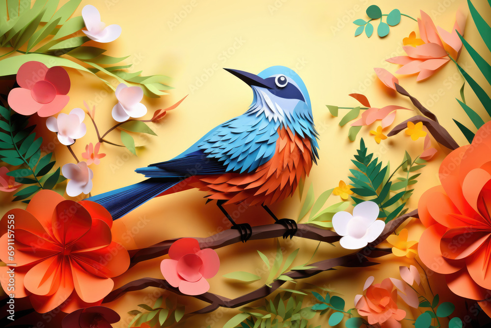 Crafted paper art bird,with vivid tones, stylized paper flowers and leaves on yellow background.National Bird Day. For greeting card, website scontent for arts,crafts workshops.