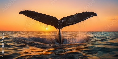 Whale tail diving into the ocean at sunset. Perfect for nature and wildlife enthusiasts photo