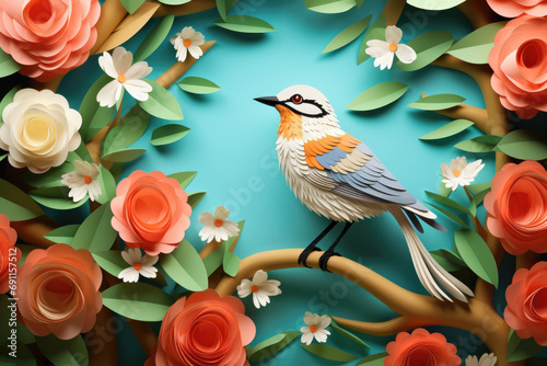 Crafted paper art bird,with vivid tones, stylized paper flowers and leaves on light turquoise background.National Bird Day. For greeting card, website scontent for arts,crafts workshops. © dargog