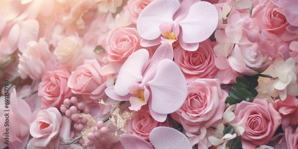 A beautiful arrangement of pink roses and white orchids. Perfect for weddings, anniversaries, or special occasions A beautiful arrangement of pink roses and white orchids. Perfect for weddings, anniversaries, or special occasions