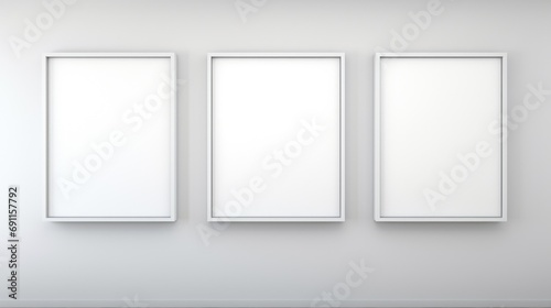 Three empty picture frames hanging on a wall. Can be used for interior design concepts or showcasing artwork © Fotograf