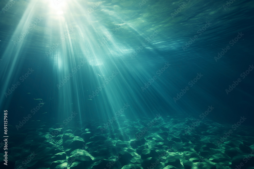 Obraz premium underwater, rays of sunlight penetrating from the surface, waves above, nobody
