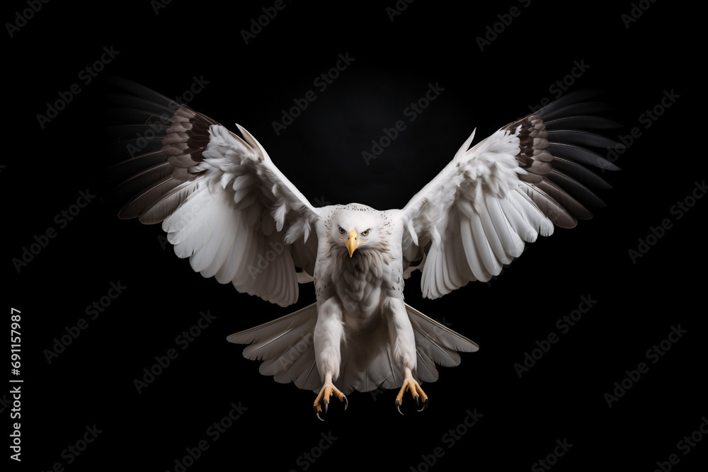 white eagle with claws lands, isolated on black background - obrazy, fototapety, plakaty 